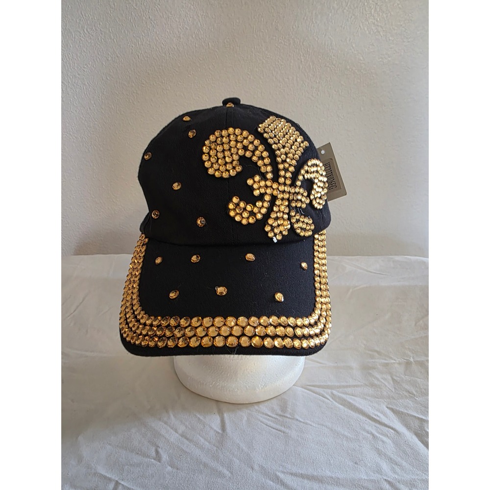 Bijorca Baseball Cap Women OSFM Black Gold Fleur De Lis Rhinestone Studded Hat